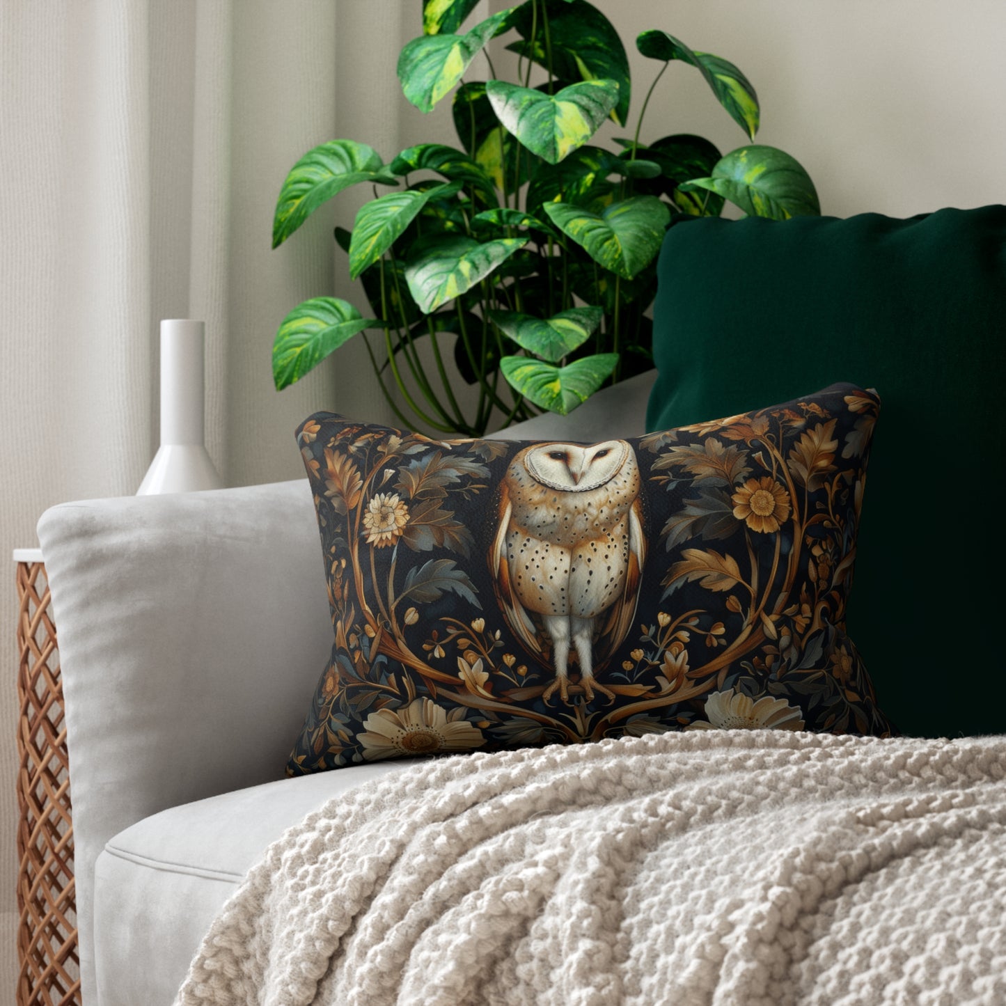 Forest Barn Owl William Morris Inspired Lumbar Pillow