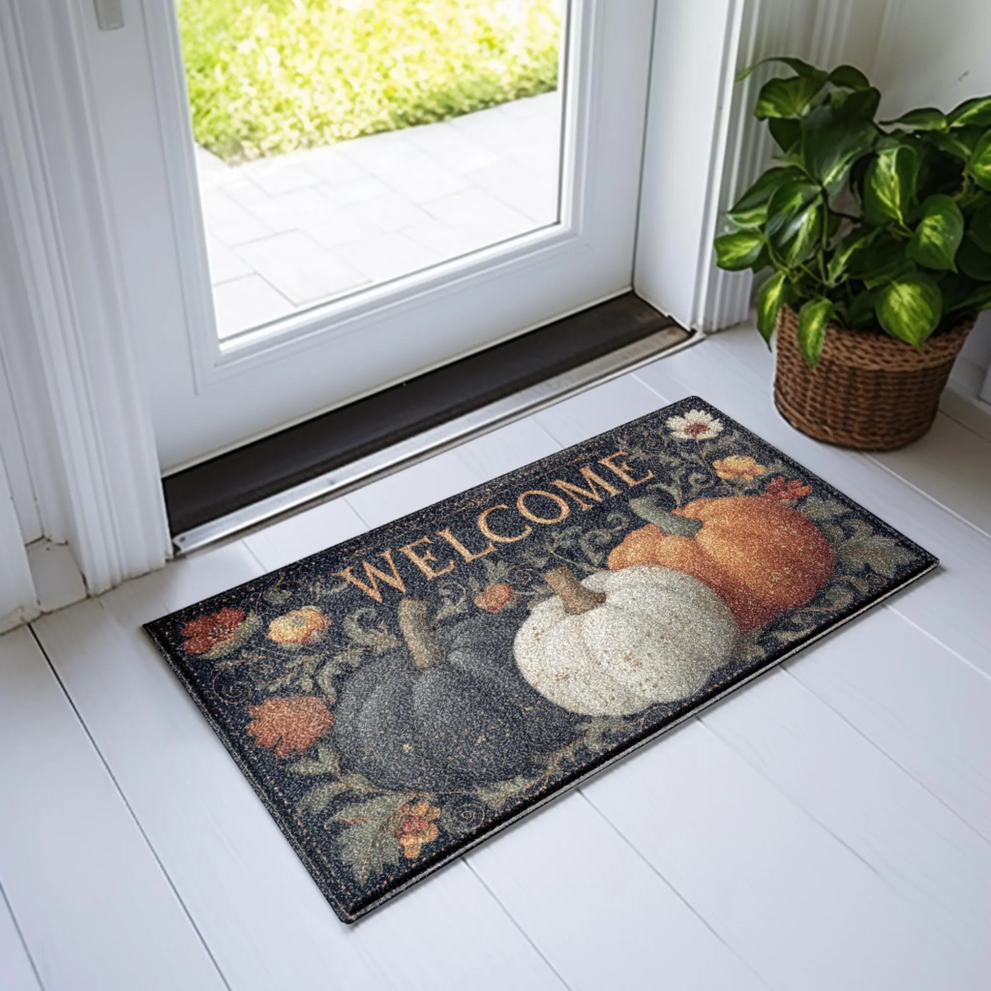 Welcome Pumpkin Doormat , Vintage Fall Entry Rug with Black, White & Orange Pumpkins, Autumn Harvest Indoor Outdoor Mat