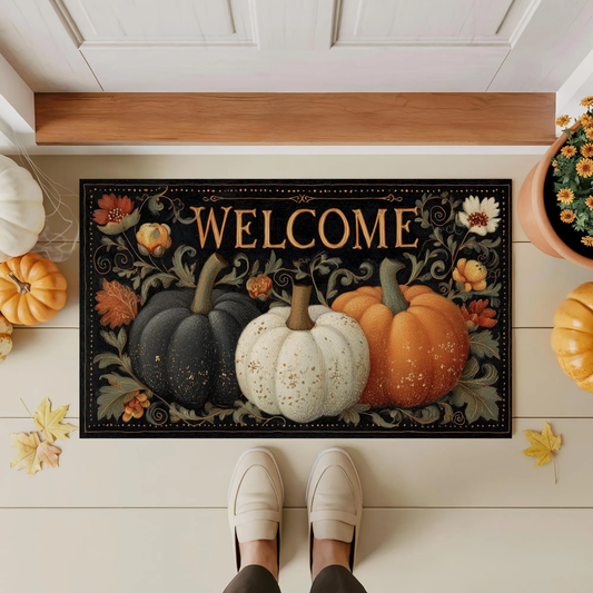 Welcome Pumpkin Doormat , Vintage Fall Entry Rug with Black, White & Orange Pumpkins, Autumn Harvest Indoor Outdoor Mat