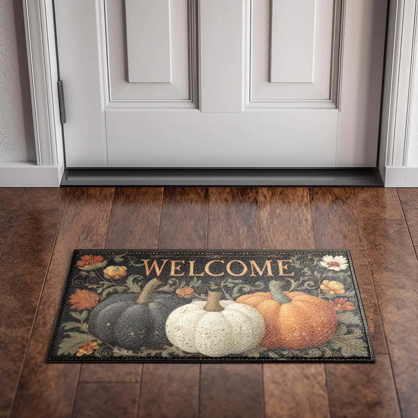 Welcome Pumpkin Doormat , Vintage Fall Entry Rug with Black, White & Orange Pumpkins, Autumn Harvest Indoor Outdoor Mat