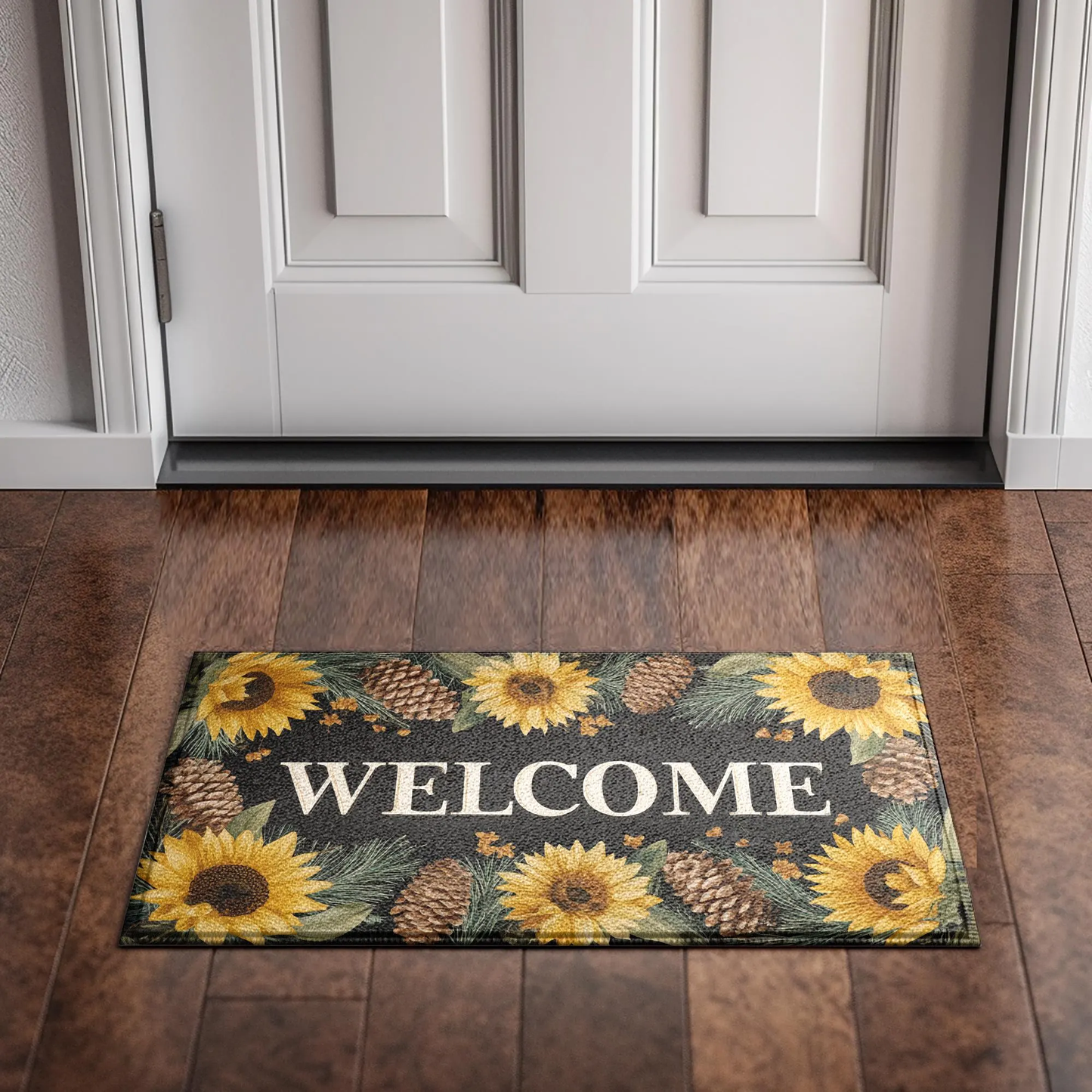 Sunflower Welcome Doormat, Rustic Farmhouse Entry Rug with Pinecones & Seasonal Florals, Indoor Outdoor Mat