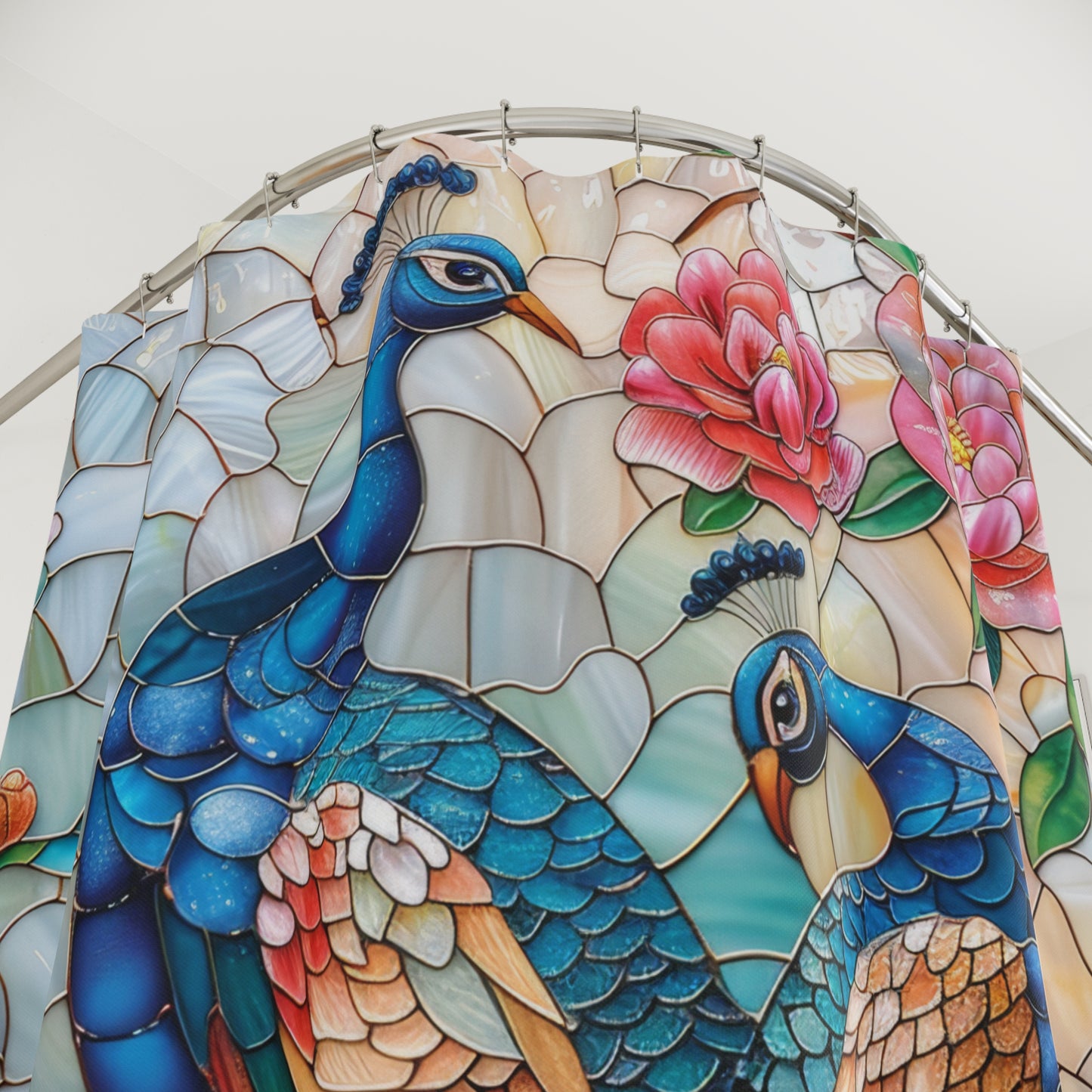 Faux Stained Glass Peacock Couple Print Shower Curtain, Housewarming Gift