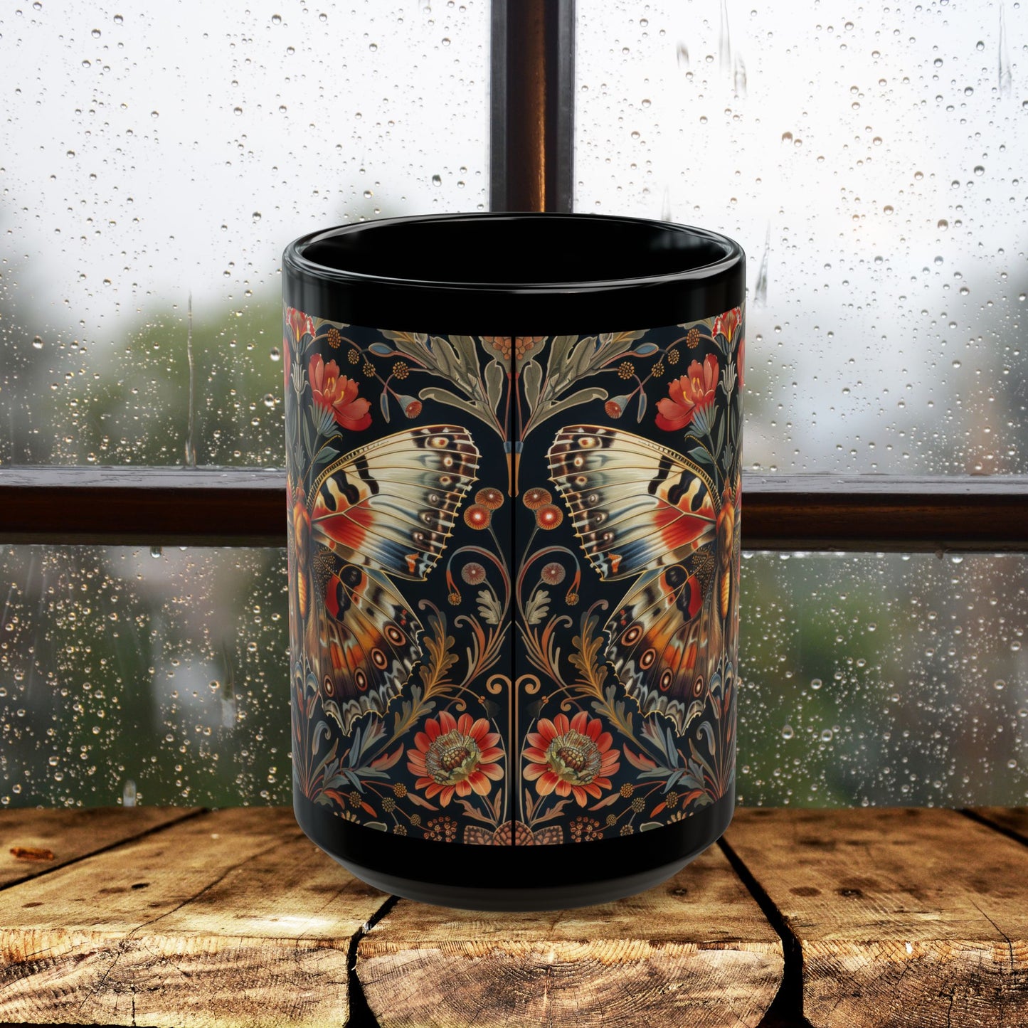 William Morris Inspired Botanical Butterfly Black Mug 11 oz. , 15 oz