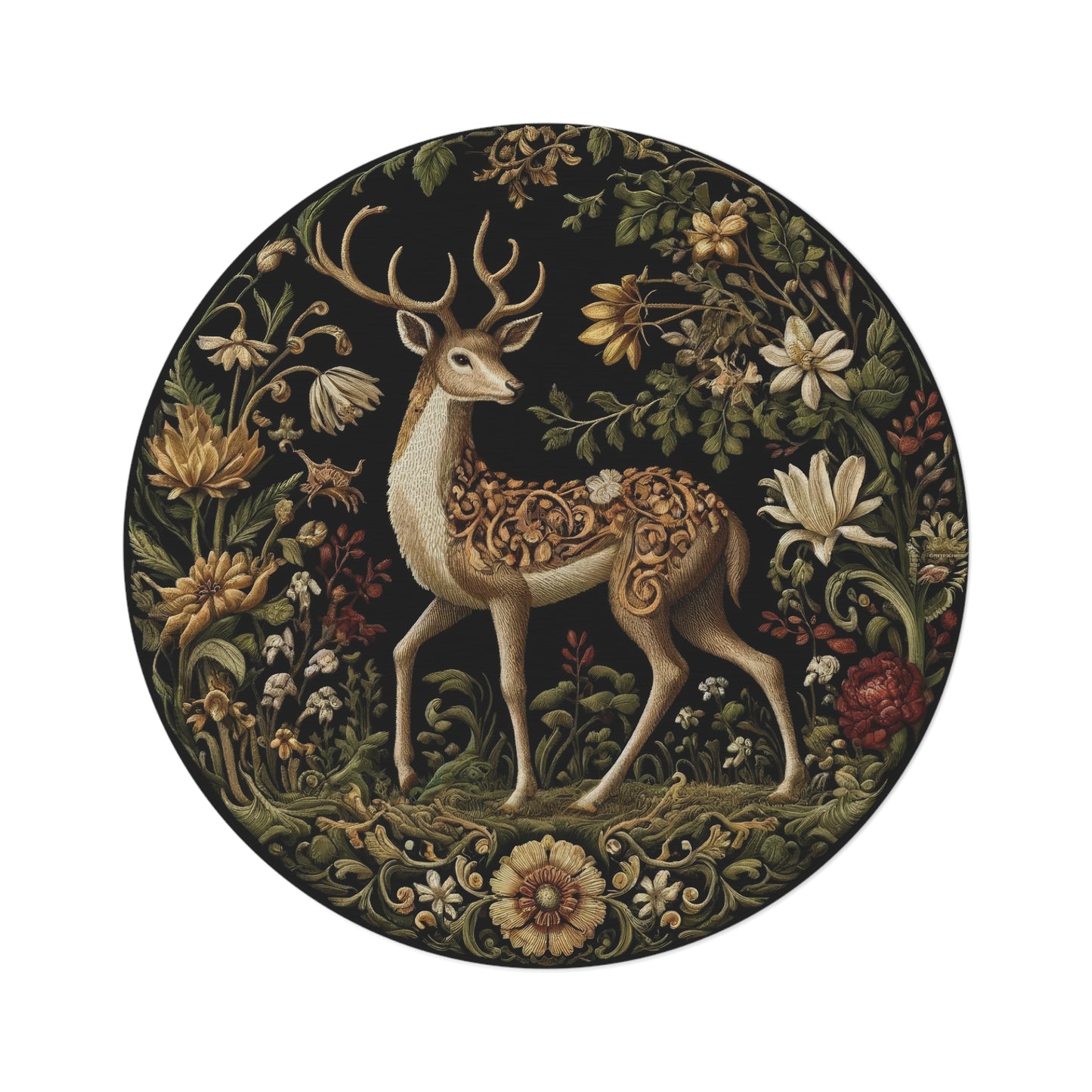 Elegant Deer Themed Round Rug, Bohemian Decor, Nature Inspired Home Accent, Floral Area Rug, Gift for Nature Lovers