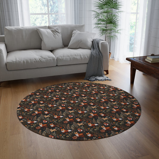 Embroidered Foxes Round Rug, Woodland Cottagecore Area Rug, Living Room Decor, Boho Nursery Rug, Nursery Decor, Circular Fox Rug, Rustic