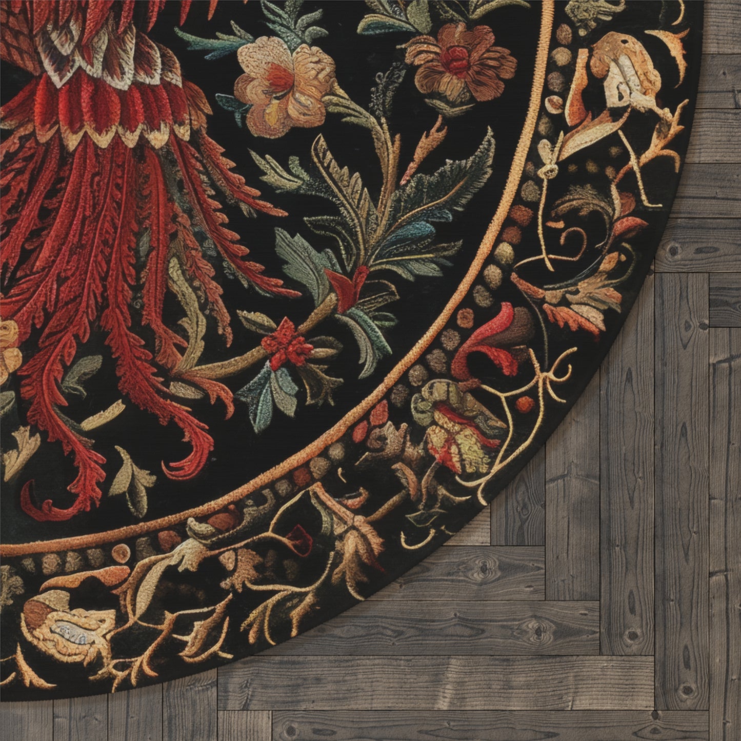 Victorian Phoenix Round Rug: William Morris Tapestry Style
