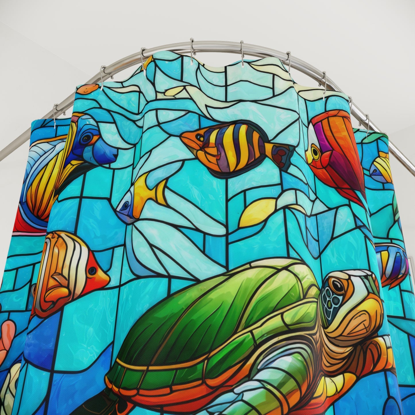 Stained Glass Colorful Tropical Fish, Sea Turtles, and Coral Reef Shower Curtains