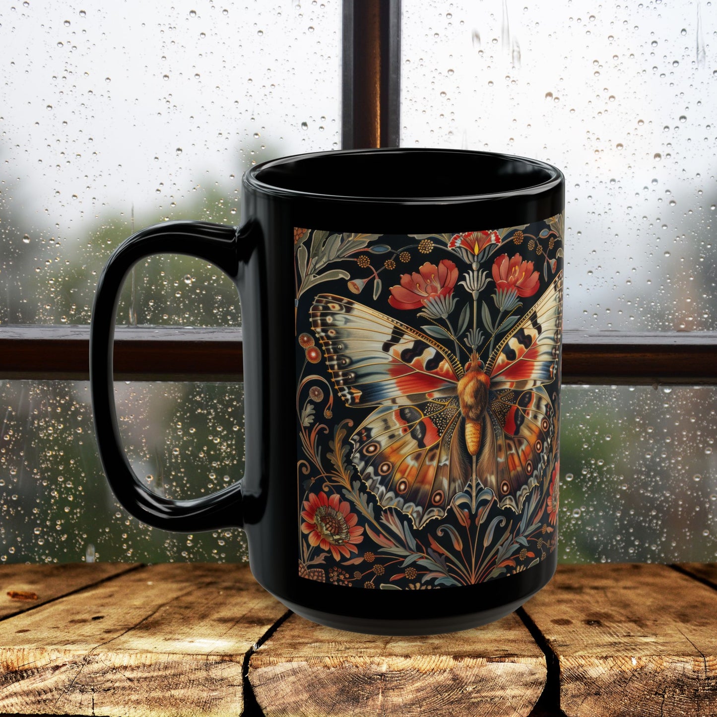 William Morris Inspired Botanical Butterfly Black Mug 11 oz. , 15 oz