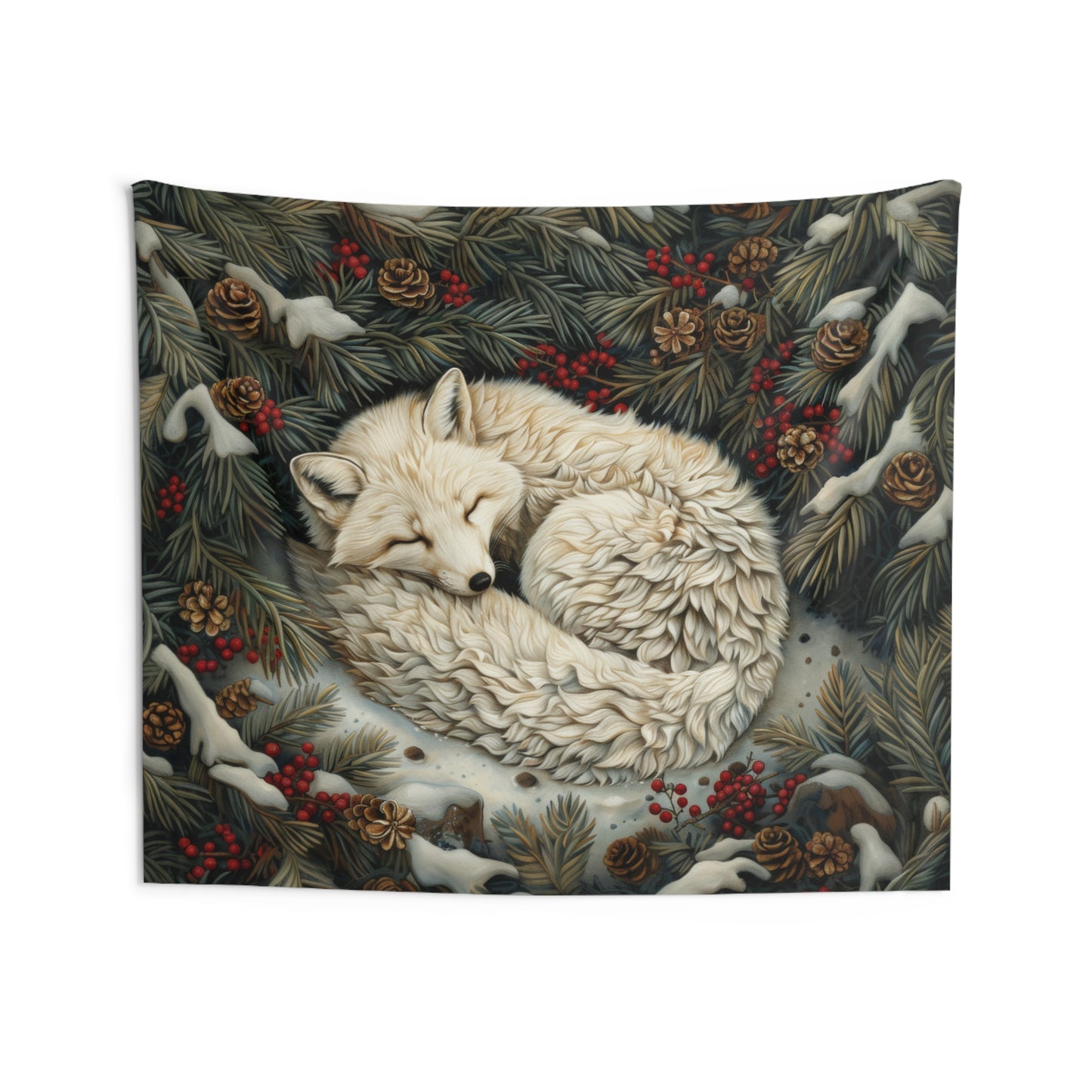 Tapestry of Art Deco Winter Arctic Fox, William Morris Inspired Decorative Indoor Wall Tapestries, Cozy Home Decor