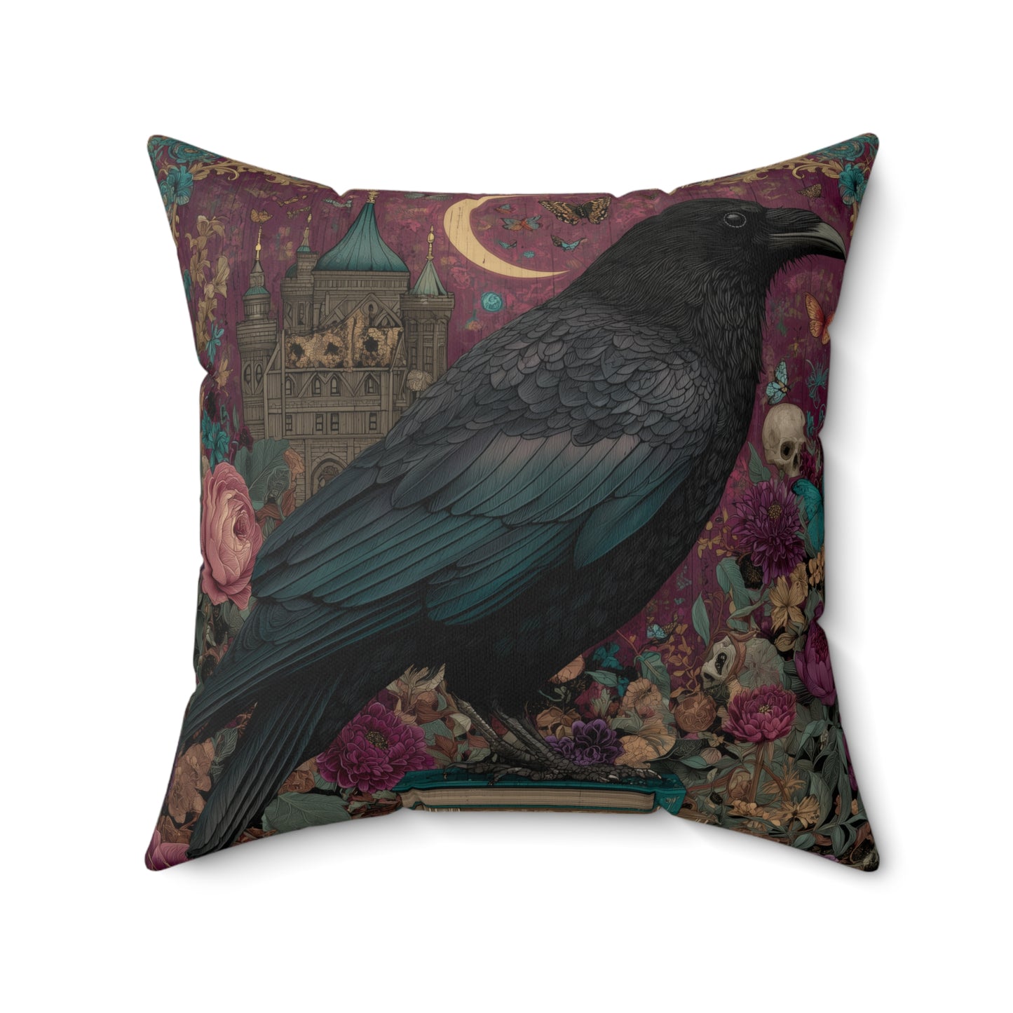Mystical Raven Gothic Pillow with Floral Castle Art, Spooky Halloween Decor, Dark Academia Throw Pillow