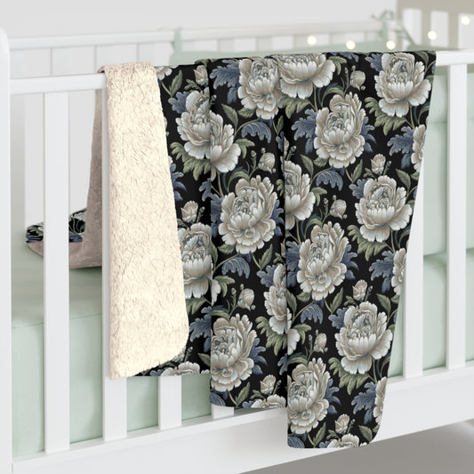 William Morris Inspired Vintage White Peony Classic Pattern Sherpa Blanket, Home Decor, Cozy Throw, Winter Gift, Living Room Accent