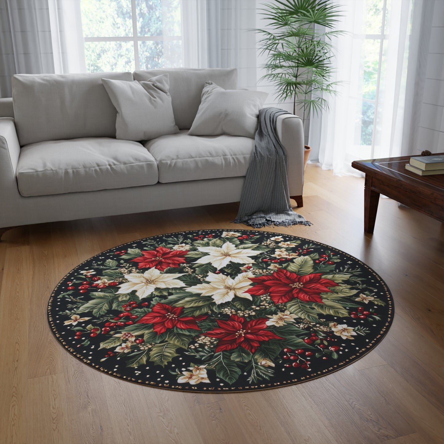 Christmas Flowers Floor Round Area Rug, Holiday Decoration, Festive Home Decor, Xmas Gift, Winter Season Rug, Christmas Gifts Round Rug