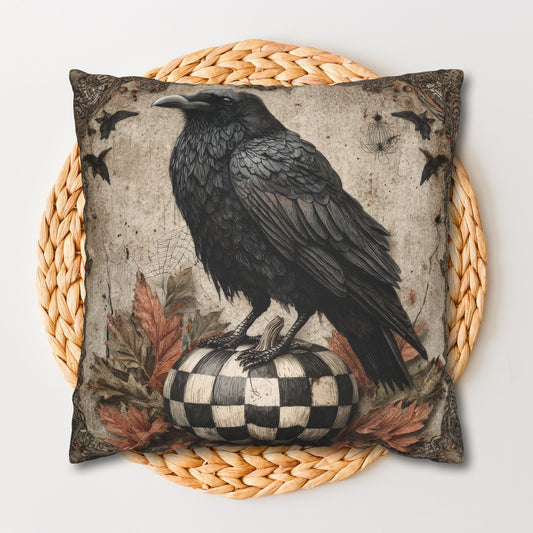 Halloween Raven Pillowcase, Gothic Crow Cushion, Vintage Dark Academia Throw Pillow with Pumpkin & Autumn Leaves Décor