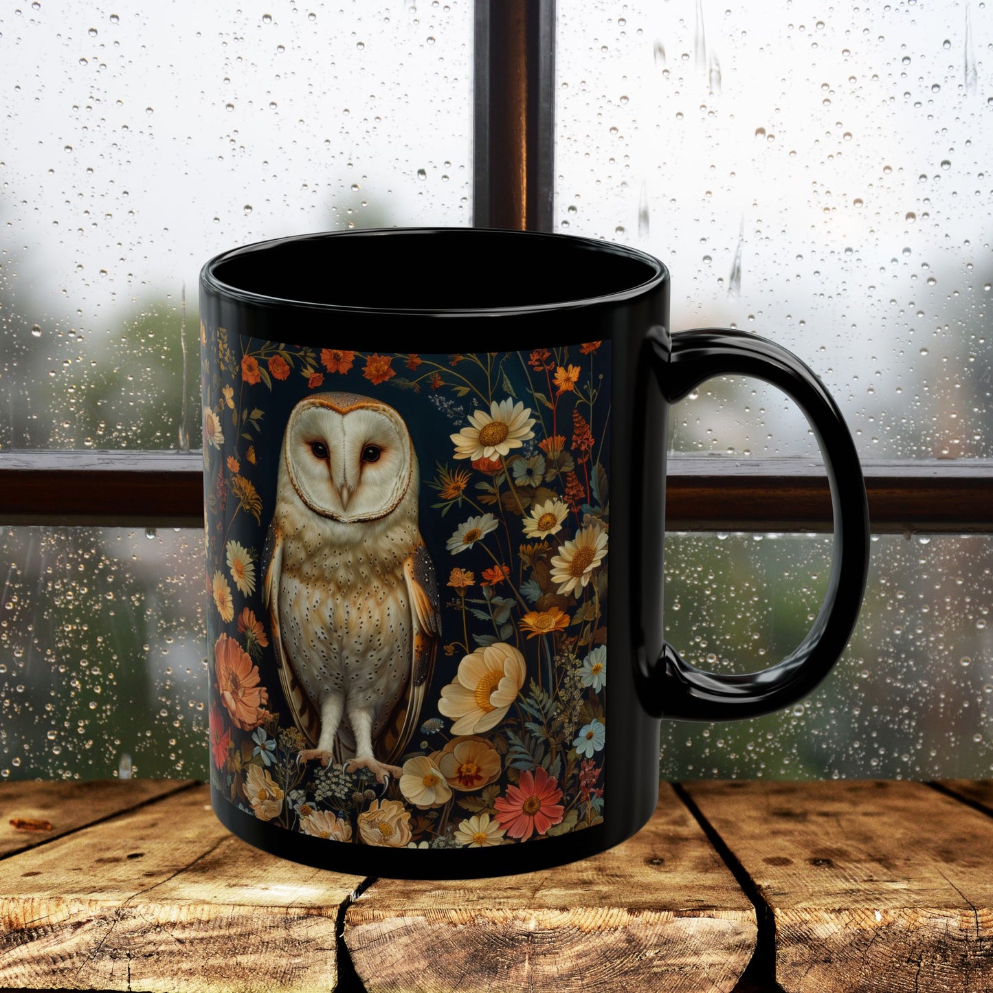 William Morris Inspired Barn Owl Wildflowers Black Coffee Mug 11oz | Mystical Owl For Her Him Ceramic Mug Black Mug