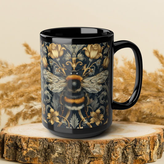 Victorian Art Inspired Bumblebee Baroque Gold Floral Pattern Black Mug 11oz, 15oz - Unique Bee Lover Gift, Vintage Floral Coffee Cup,