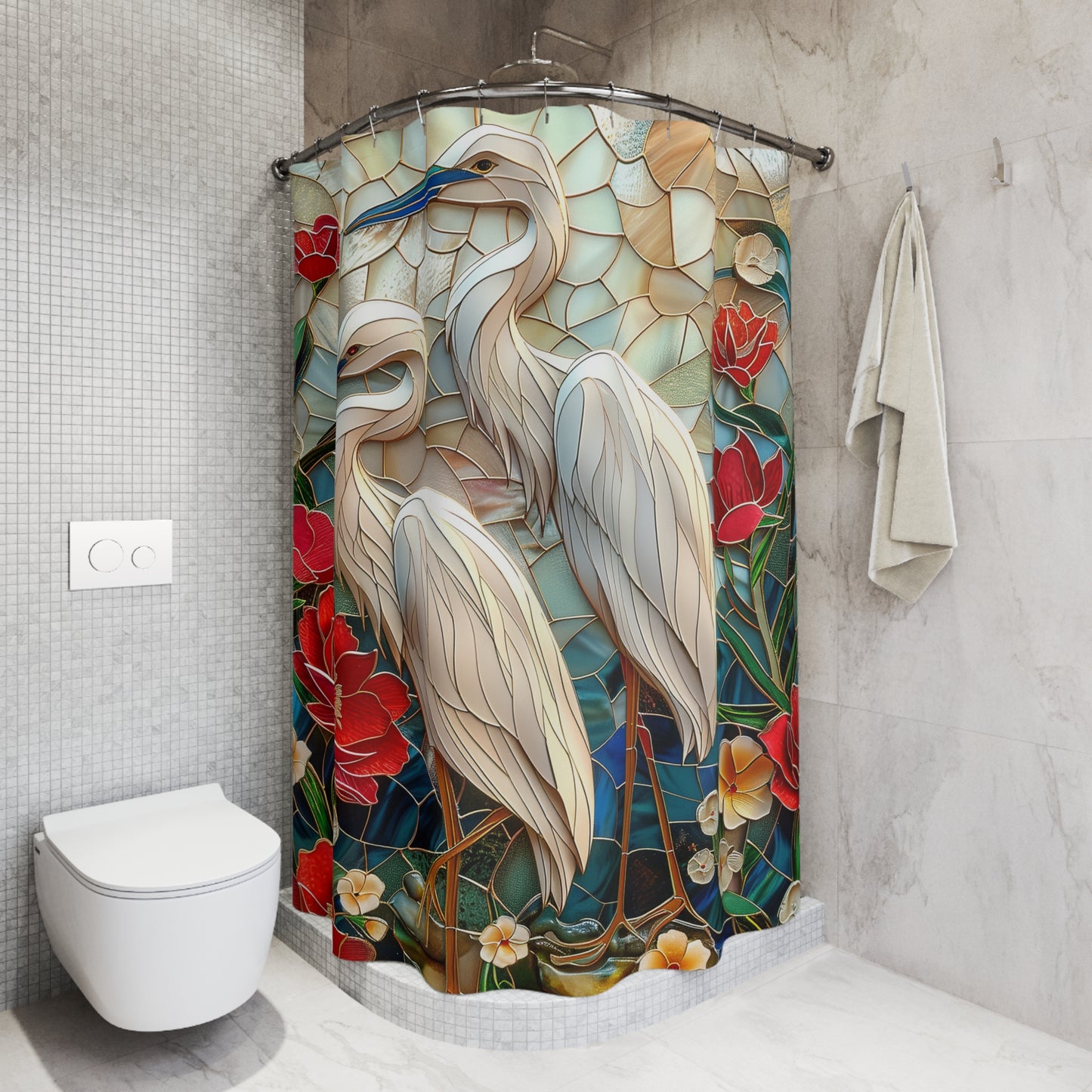 Faux Stained Glass Great White Heron Red Flowers Polyester Shower Curtain