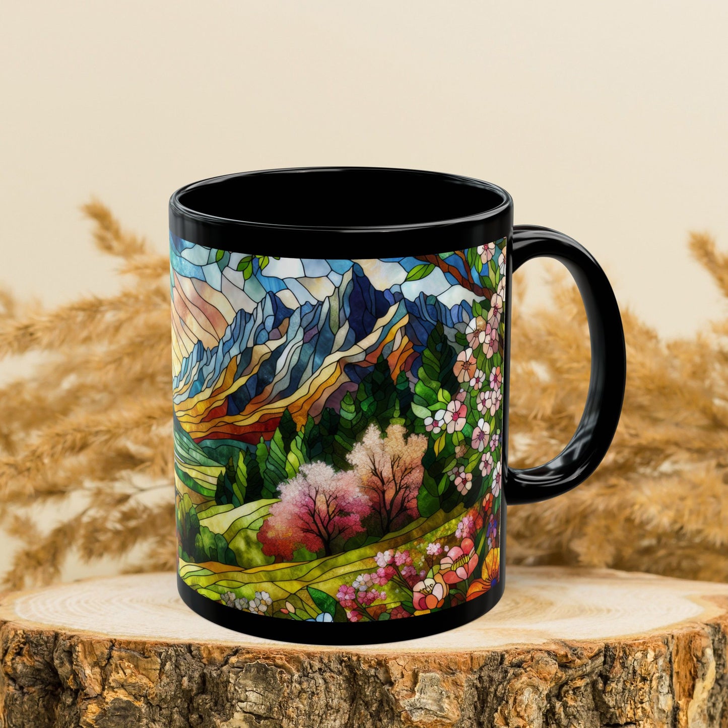 Faux Stained Glass Spring Mountain Coffee Mug | Nature Inspired | Outdoor Design | Gift for Nature Lover Coffee Mug 11oz, 15 oz