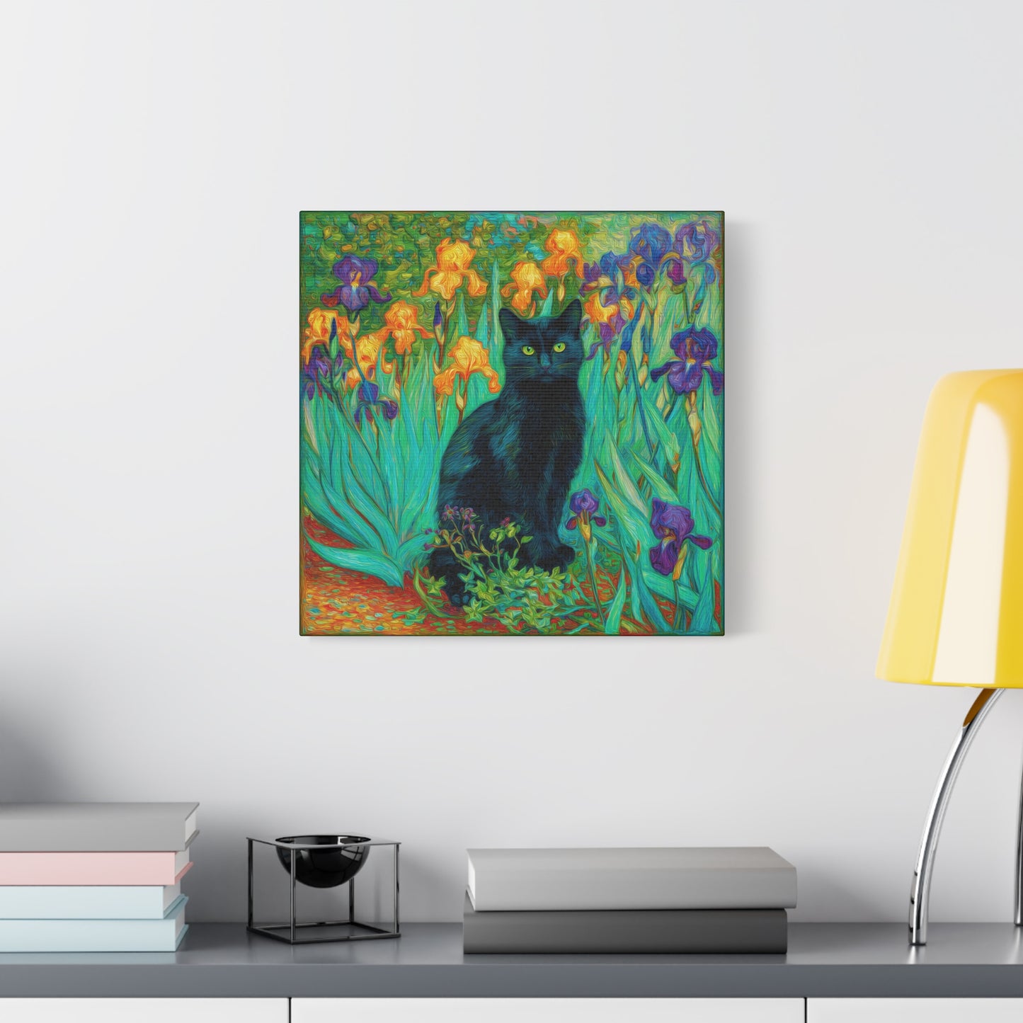 Black Cat Among Irises, Vibrant Floral Canvas Wall Art, Matte Stretched Canvas 1.25"