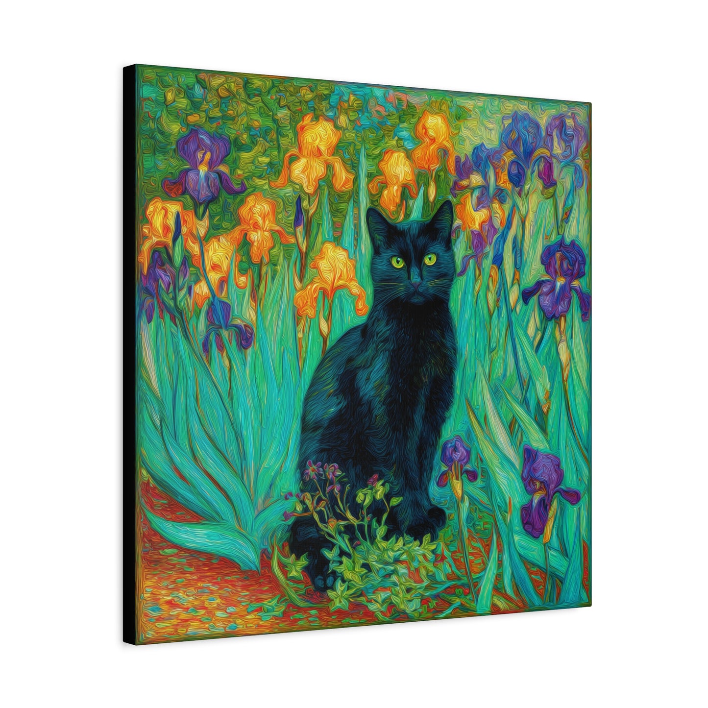 Black Cat Among Irises, Vibrant Floral Canvas Wall Art, Matte Stretched Canvas 1.25"