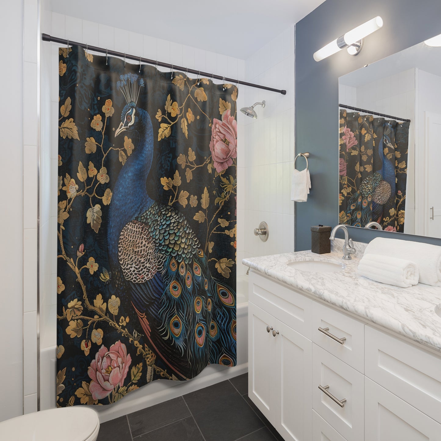 William Morris Inspired Art Deco Peacock Bathroom Decor Nature Pattern Shower Curtain