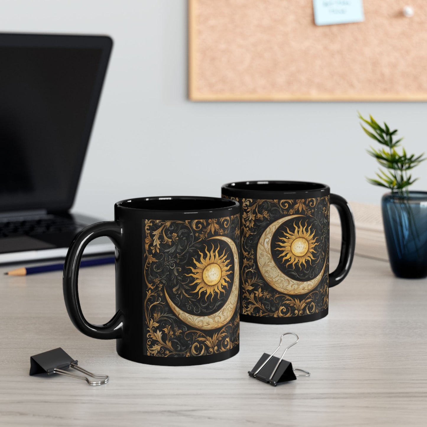 Gold Ornate William Morris Inspired Black Mug (11oz, 15oz) - Celestial Sun and Moon Coffee Cup, Gothic Kitchen Decor, Bohemian Drinkware,