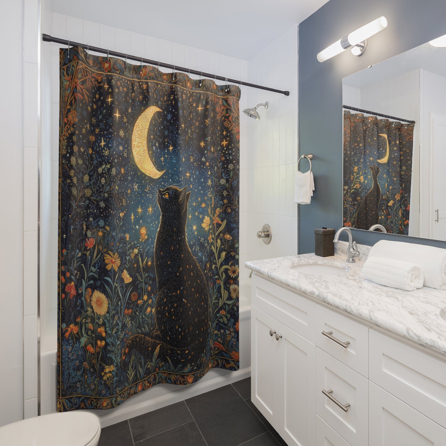 Black Cat Whimsical Night ,William Morris Insipred, Polyester Shower Curtain