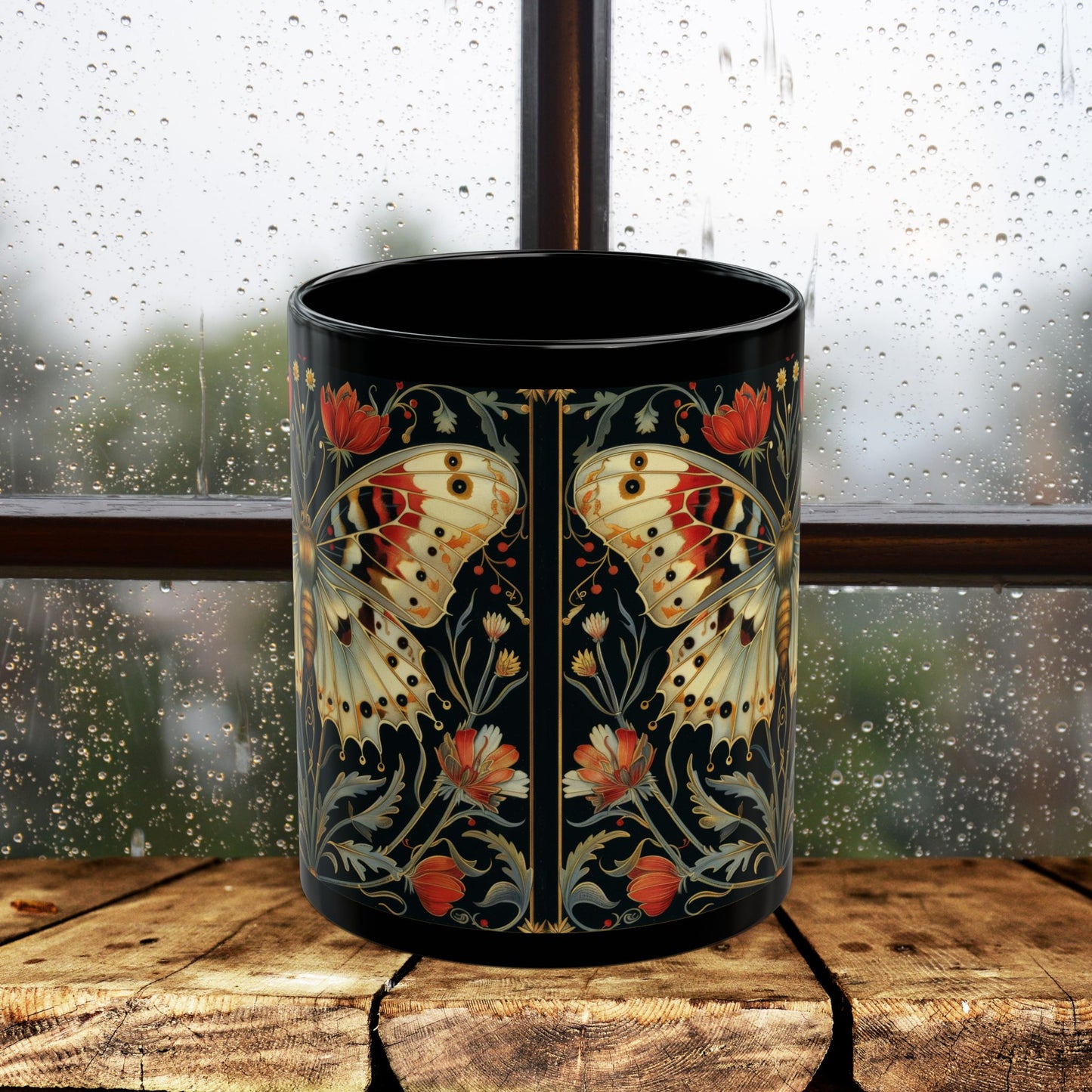William Morris Inspired Botanical Night Butterfly Black Mug 11oz, 15 oz