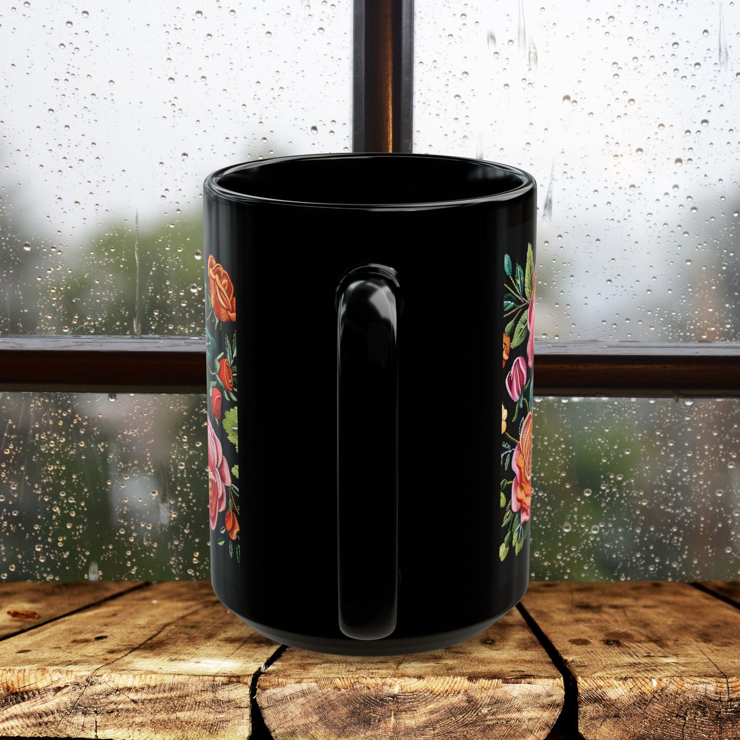 Vintage Roses Pattern Embroidery Black Mug 11oz / 15 oz
