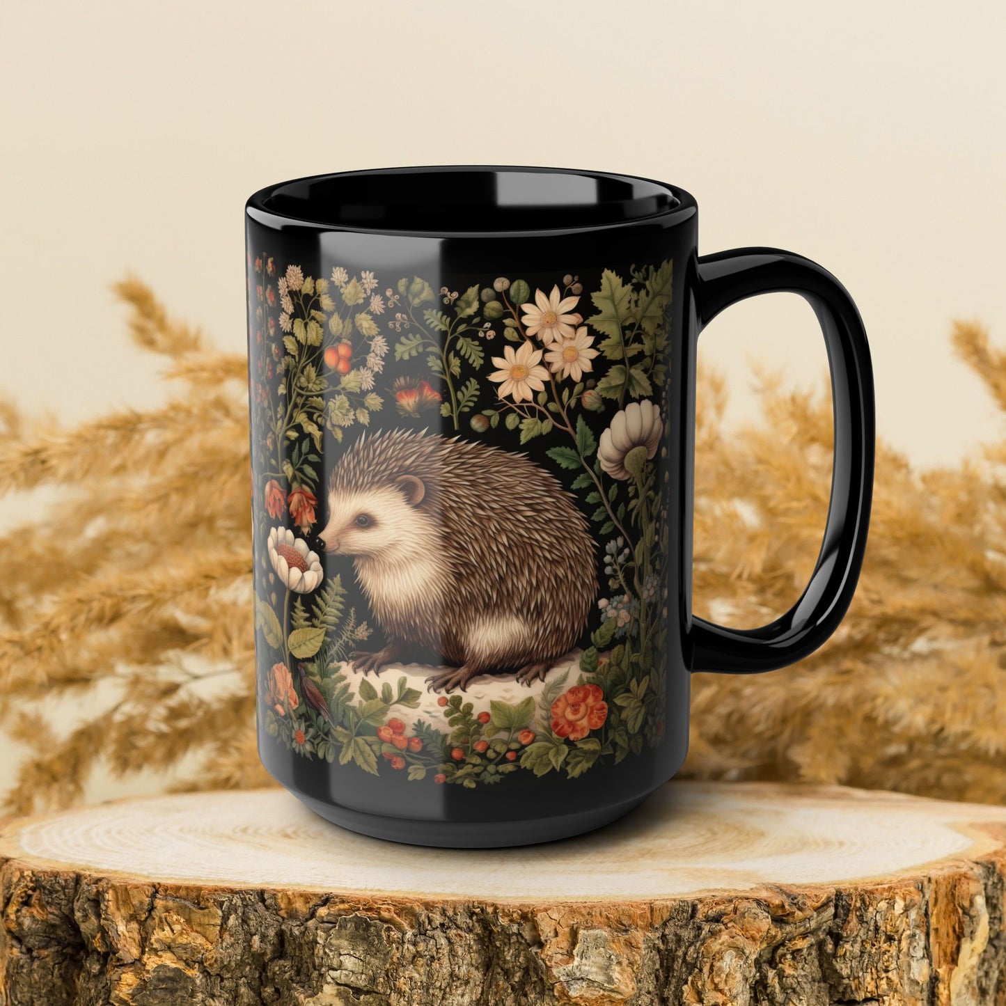 William Morris Inspired Botanical Hedgehog Black Coffee Mug For Her Him Ceramic Mug Black Mug 11oz, 15oz