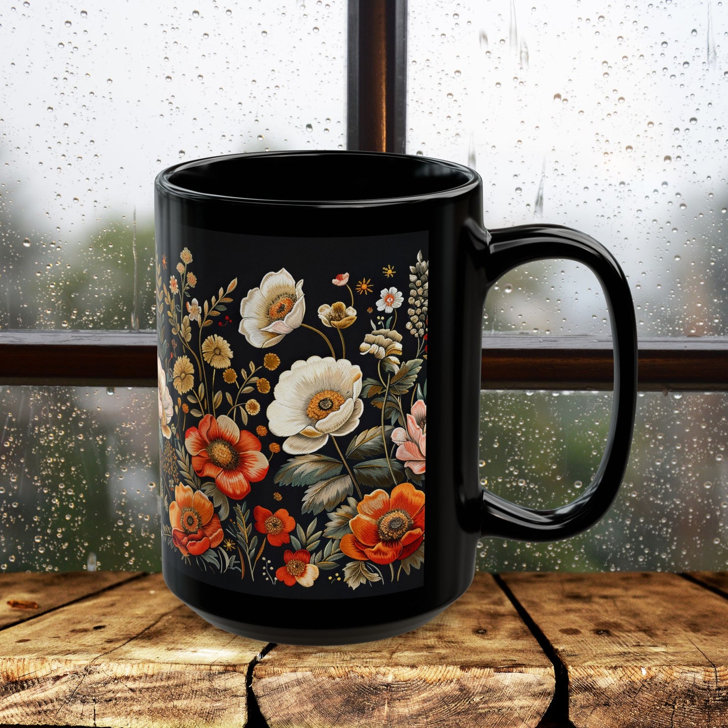 Wildflowers Pattern Embroidery Mug Black Mug 11oz, 15 oz