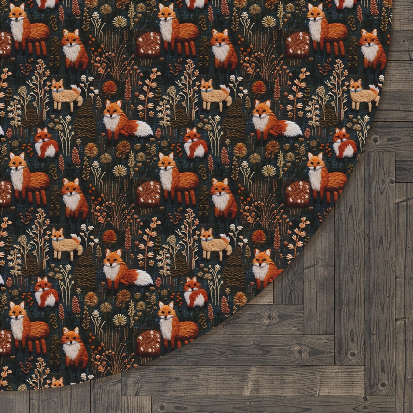 Embroidered Foxes Round Rug, Woodland Cottagecore Area Rug, Living Room Decor, Boho Nursery Rug, Nursery Decor, Circular Fox Rug, Rustic