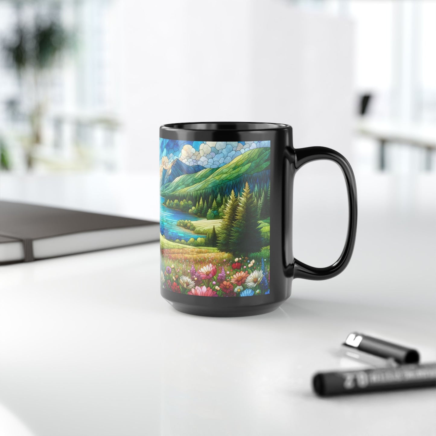 Nature Scene Flower Lake and Mountain Landscape Mug | Faux Stained Glass Black Coffee Mug 11 oz, 15 oz