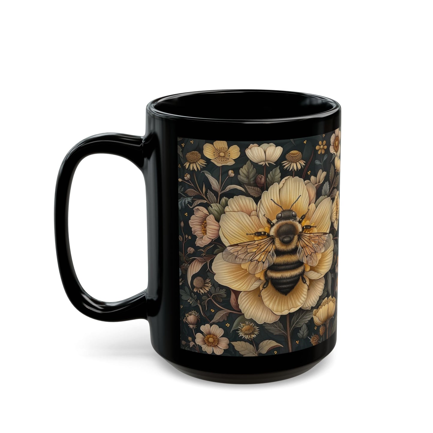 Botanical Bumblebee William Morris Inspired Black Coffee Mug For Her Him Ceramic Mug Black Mug 11oz, 15oz