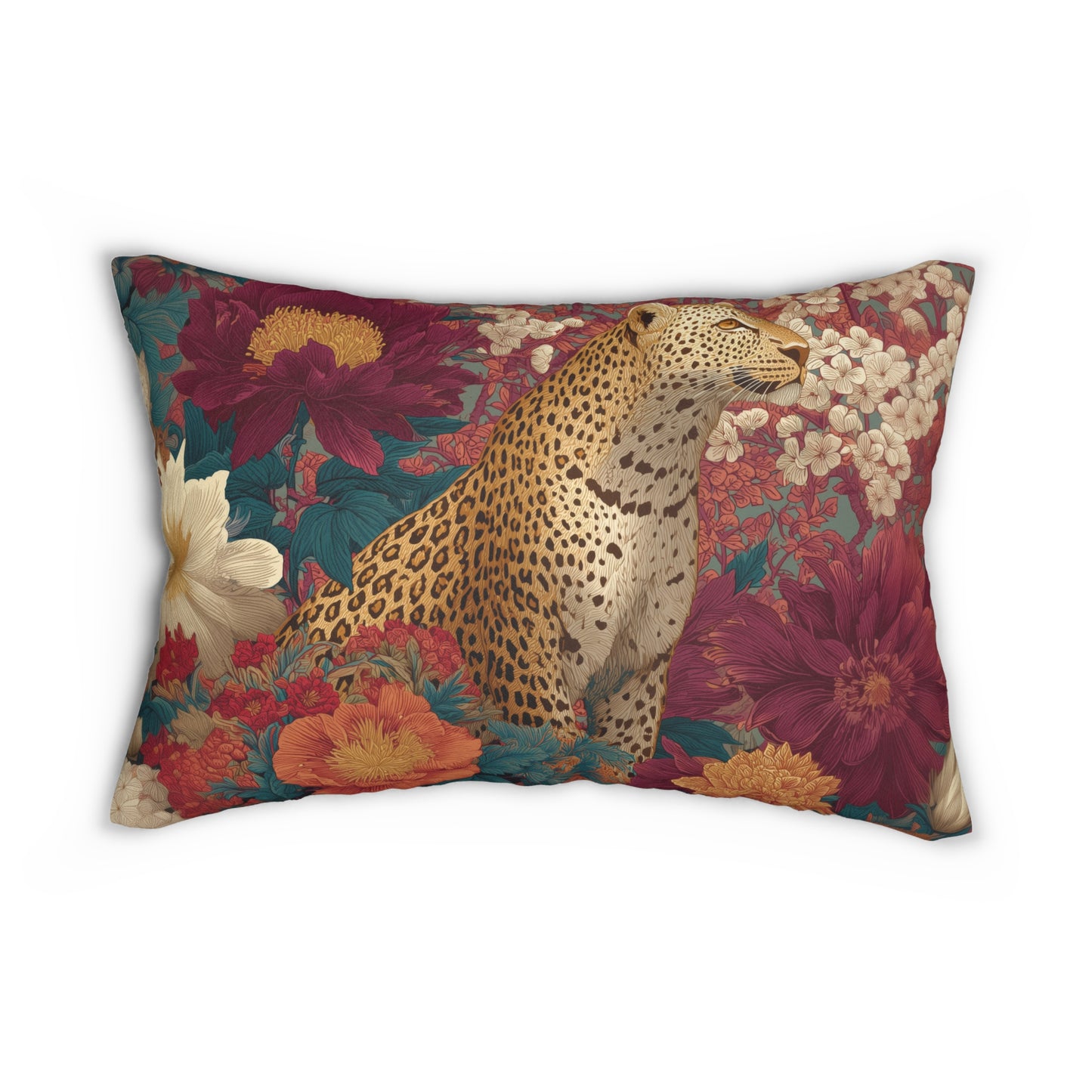 Floral Cheetah Lumbar Pillow, Botanical Jungle Cushion, Exotic Animal Home Decor Accent