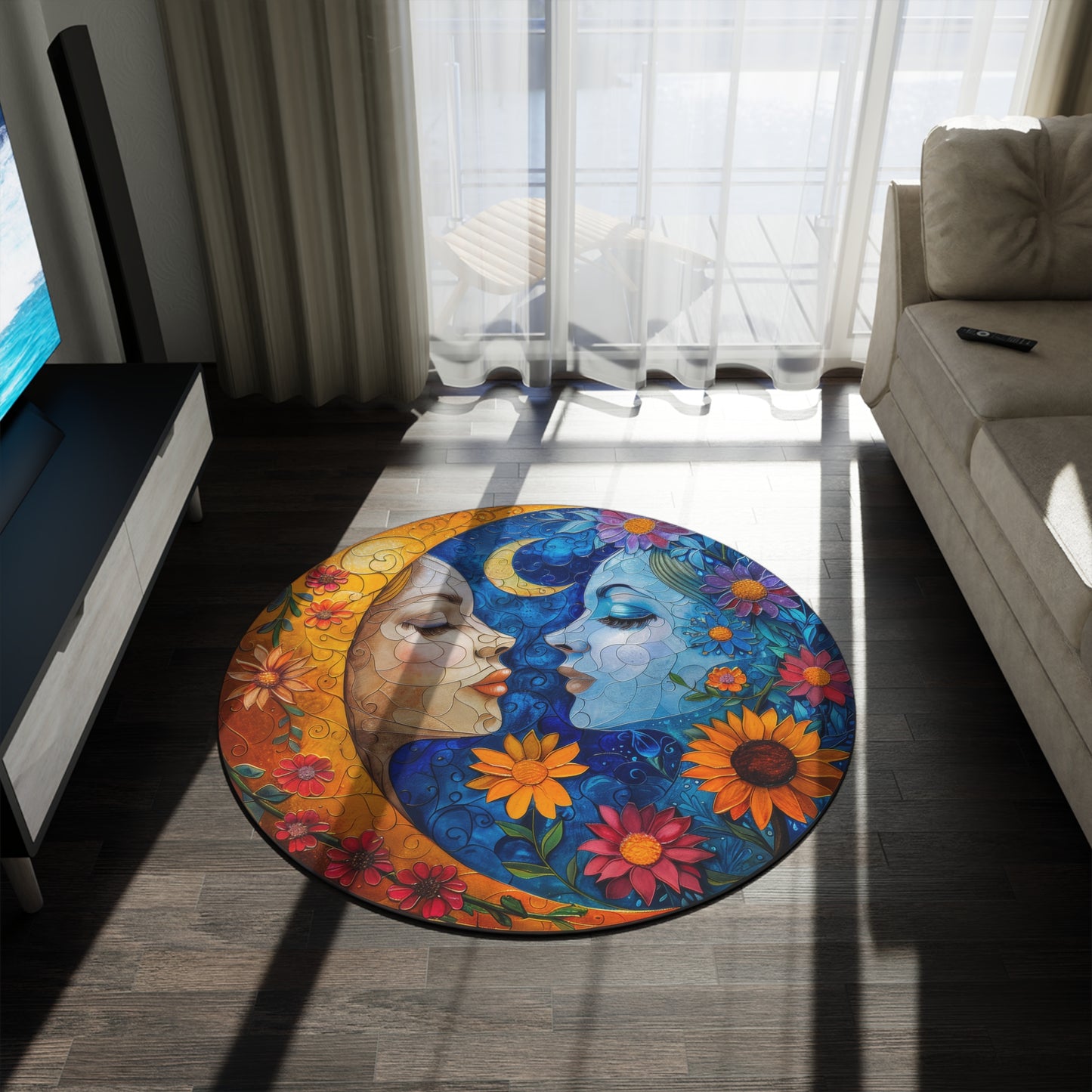Ladies Moon And Stars Round Rug Home Decor, Living Room Floor Coverings, Boho Family Room