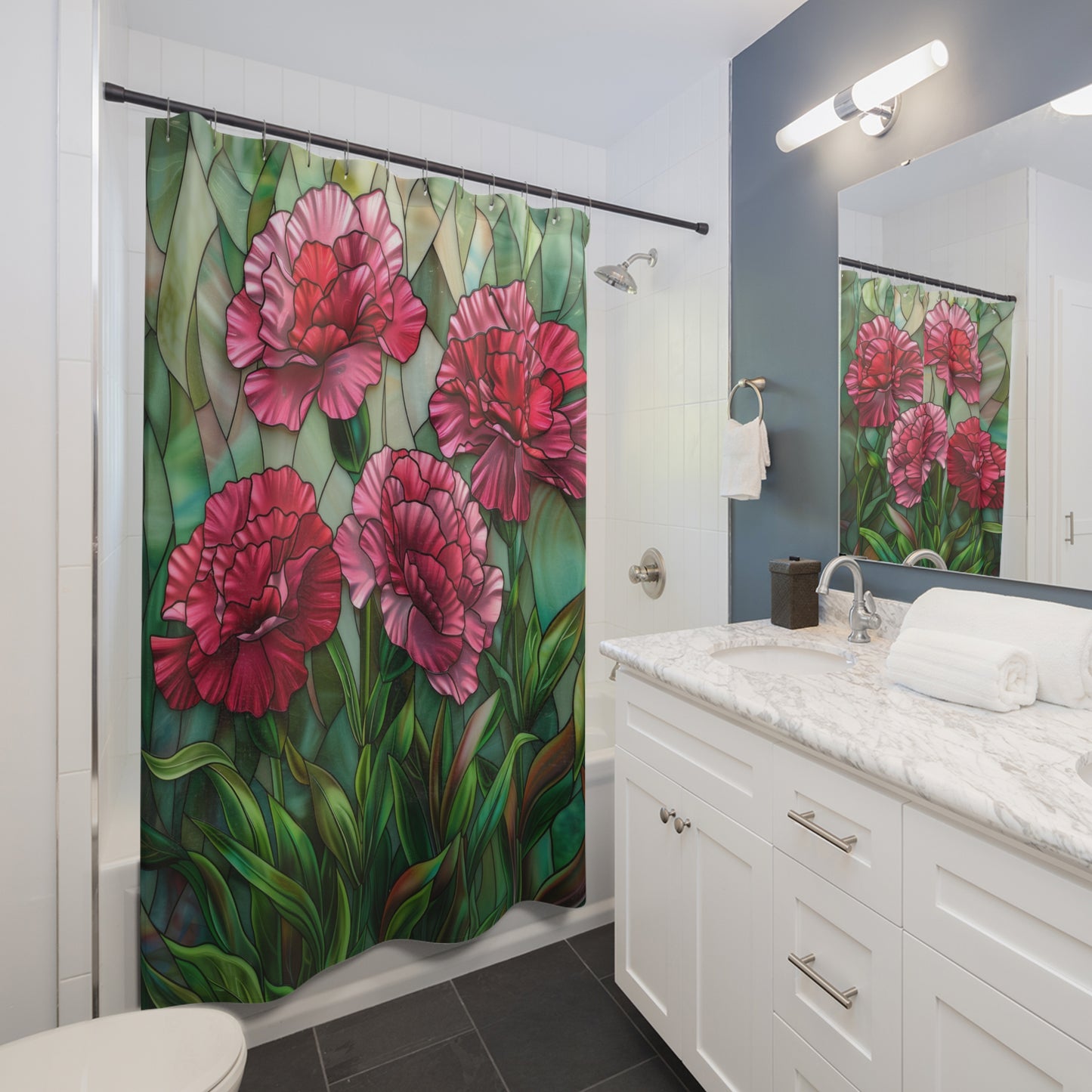 Faux Stained Glass Carnation Flowers Polyester Shower Curtain
