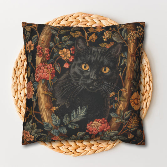 Black Cat Pillowcase Gothic Floral Cushion with Woodland Flowers, Mystical Feline Home Décor