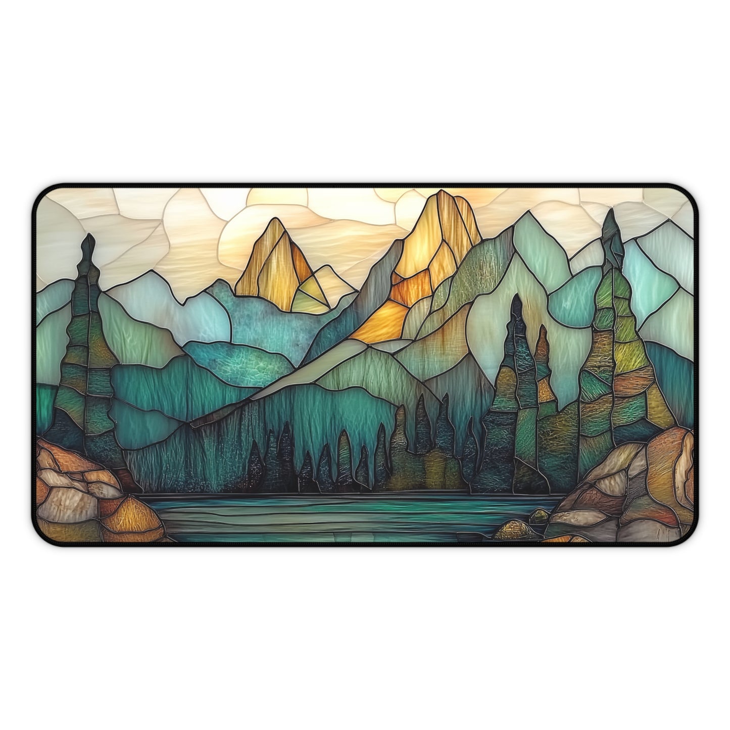 Mountain Forest Gaming Desk Mat, Stained Glass Nature Landscape Keyboard Mouse Pad, Gamer Accessories for Computer, Unique Gamer Gift,