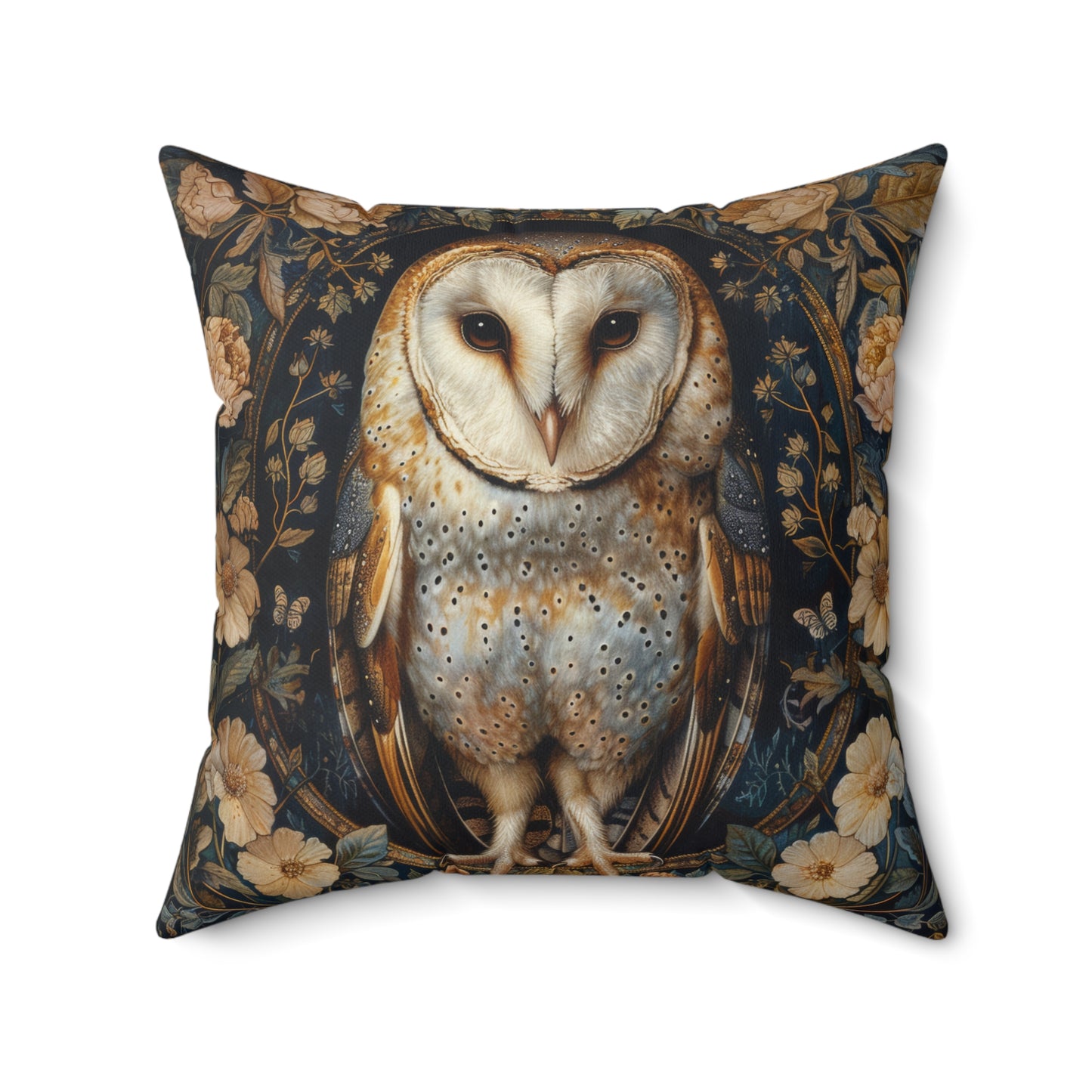 William Morris Inspired, Barn Owl Forest Floral Art, Decorative Spun Polyester Square Pillow