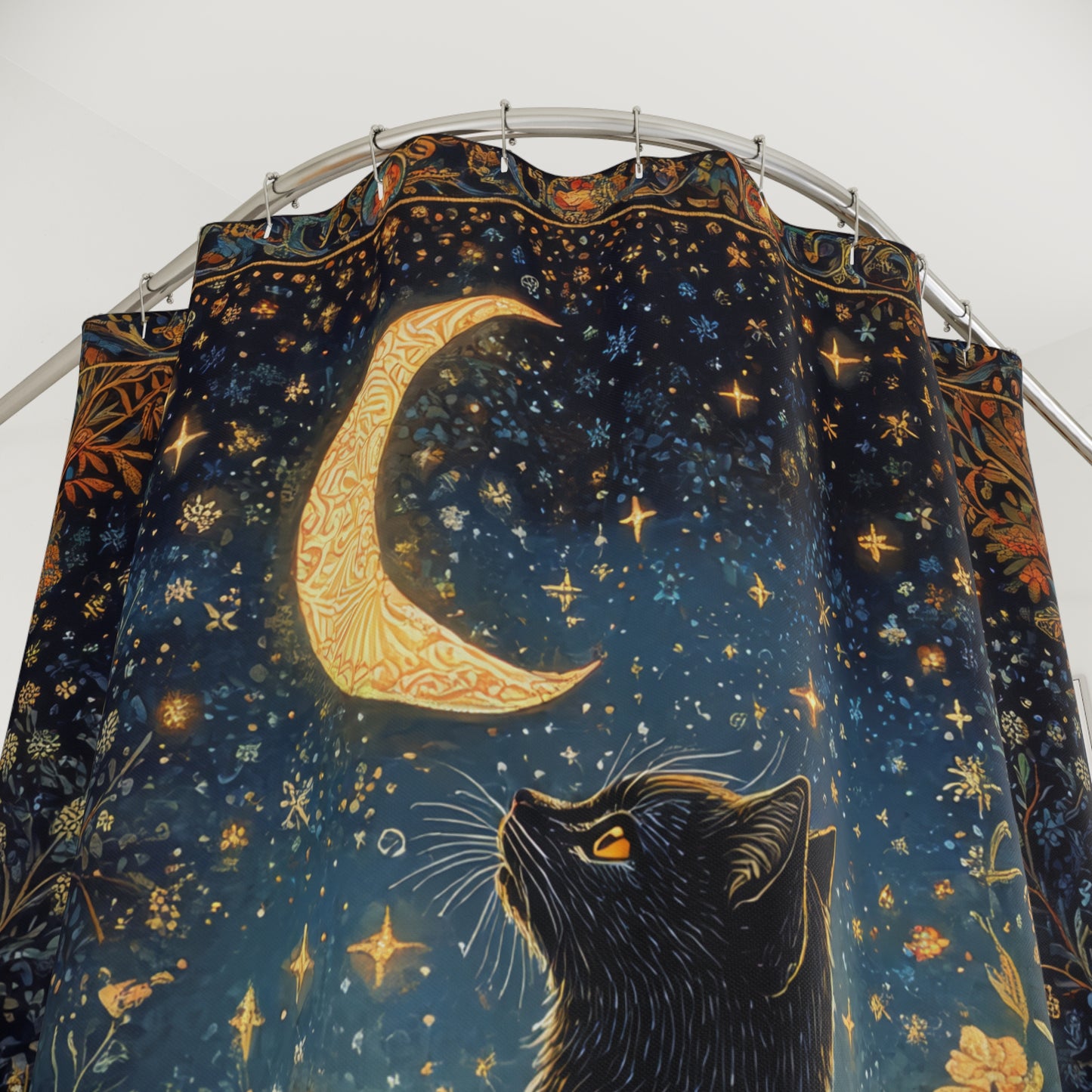 Black Cat Whimsical Night ,William Morris Insipred, Polyester Shower Curtain
