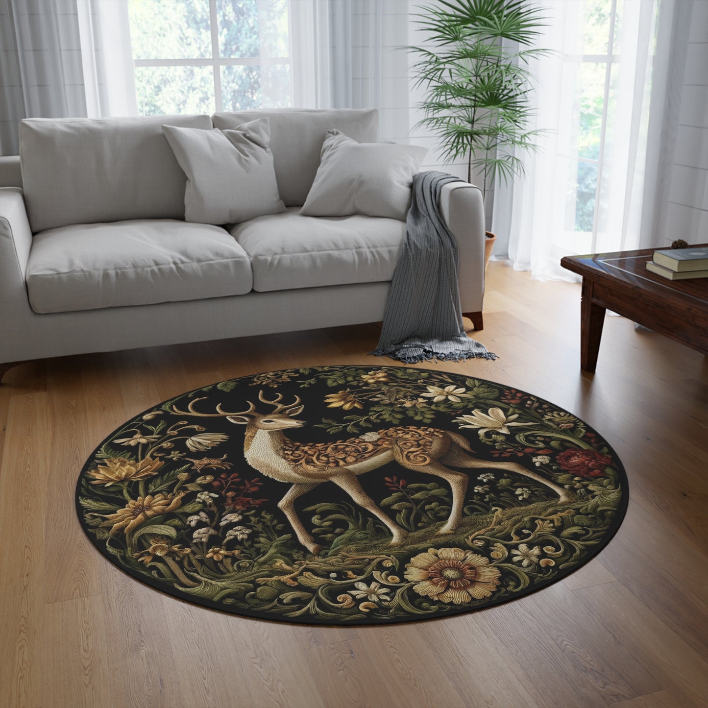 Elegant Deer Themed Round Rug, Bohemian Decor, Nature Inspired Home Accent, Floral Area Rug, Gift for Nature Lovers