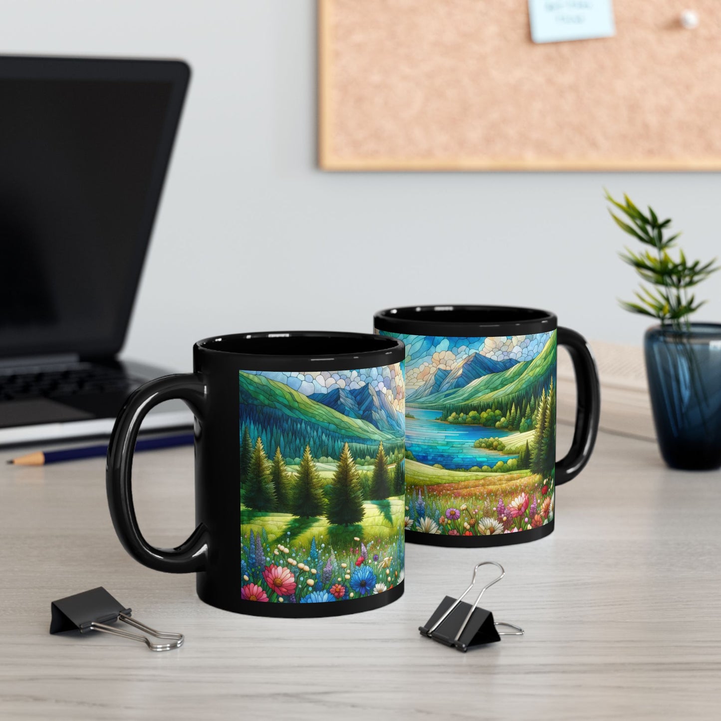 Nature Scene Flower Lake and Mountain Landscape Mug | Faux Stained Glass Black Coffee Mug 11 oz, 15 oz