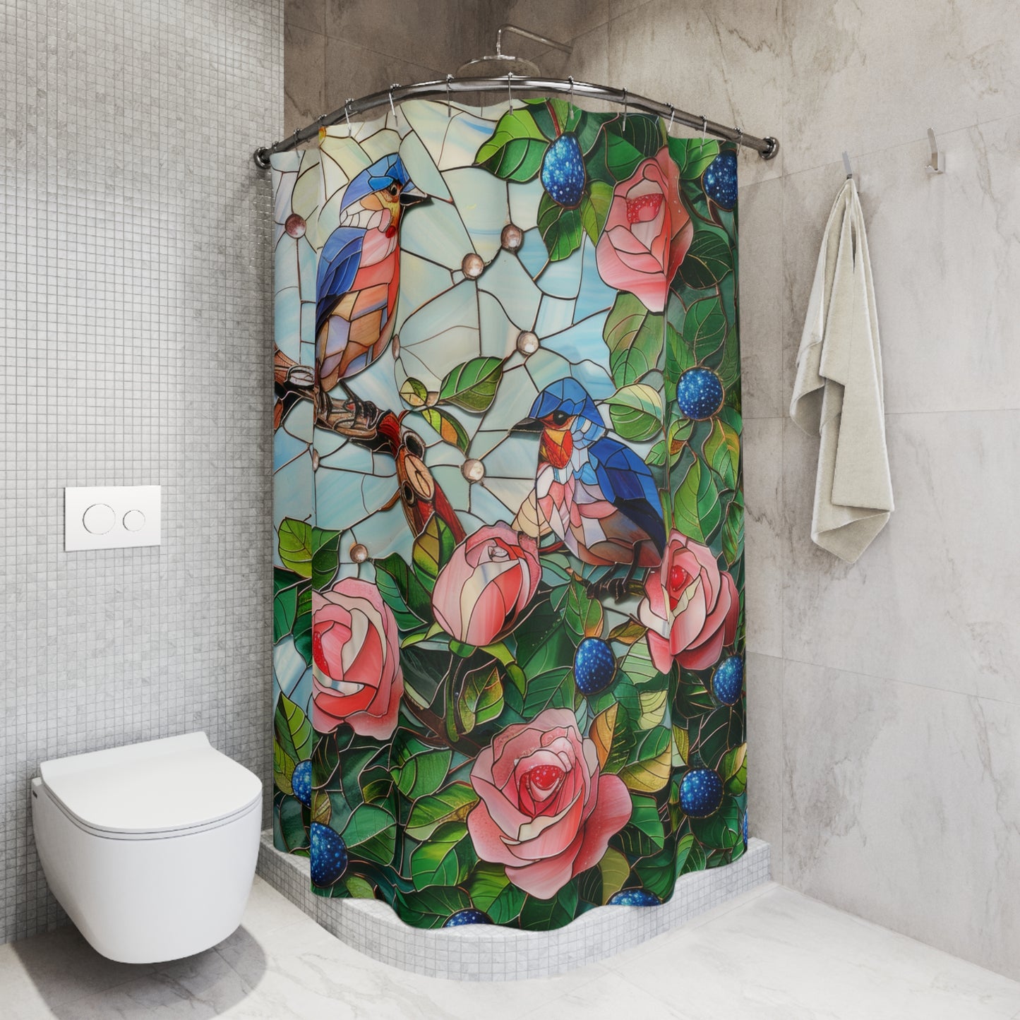 Faux Stained Glass Blue Birds Roses Field Polyester Shower Curtain