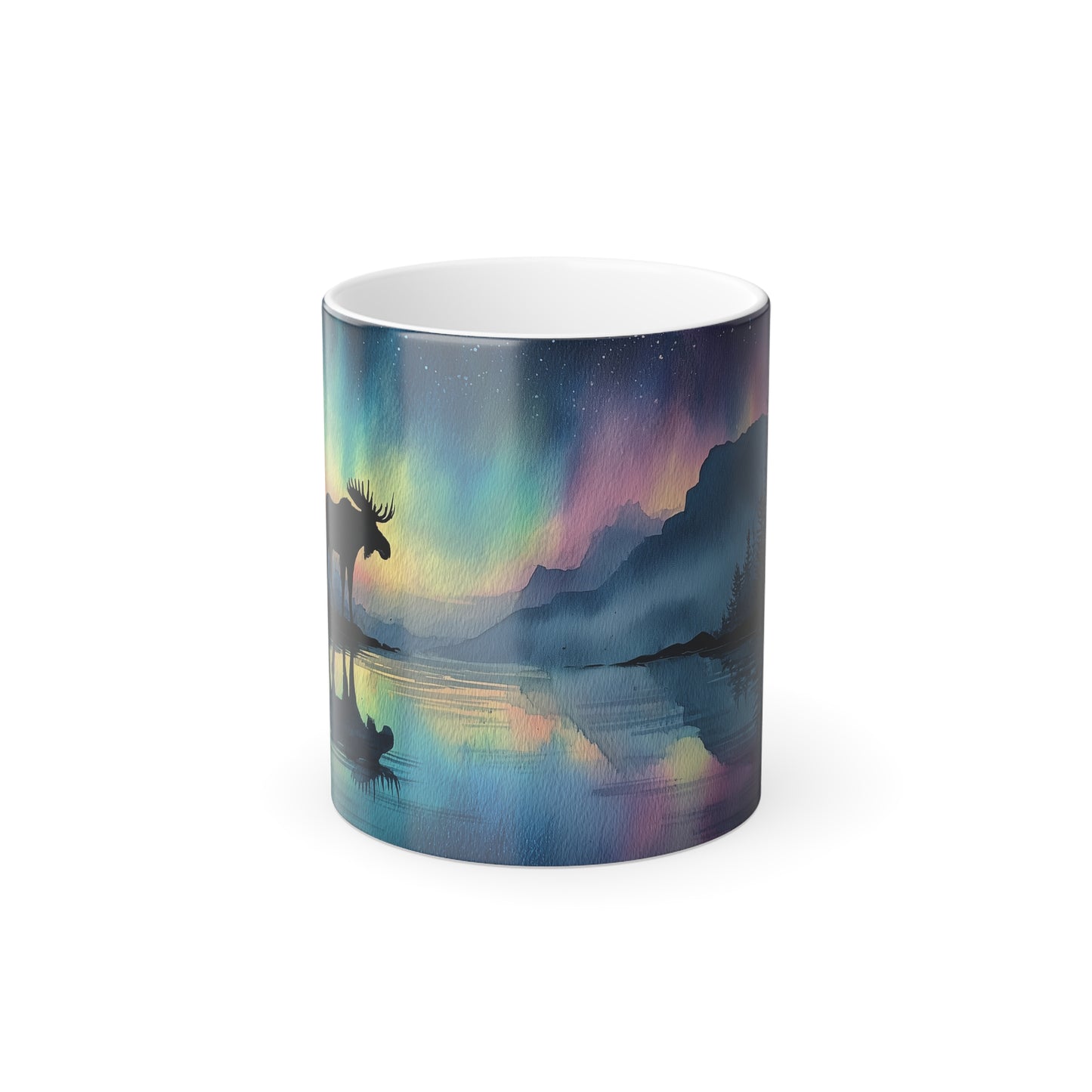 Northern Lights Moose Color-Changing Mug, Watercolor Art Style, Heat Reveal Coffee Cup 11oz