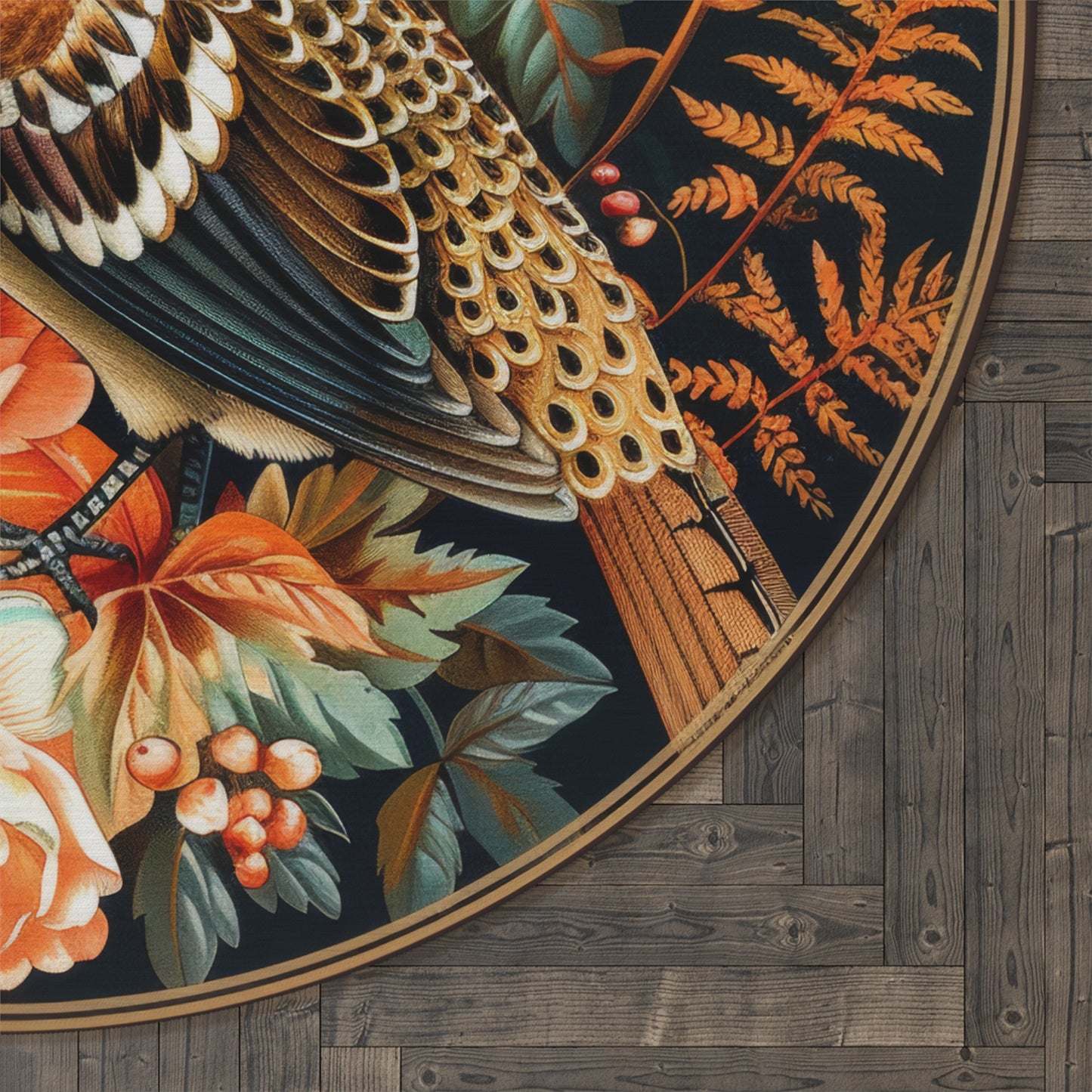 Botanical Wild Pheasant William Morris Inspired Round Area Rug | Elegant Fall-Inspired Living Room Home Decor Rug