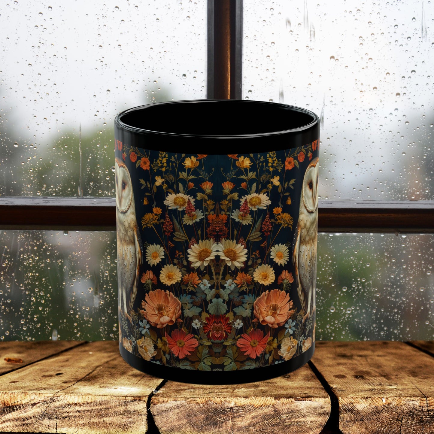 William Morris Inspired Barn Owl Wildflowers Black Coffee Mug 11oz | Mystical Owl For Her Him Ceramic Mug Black Mug