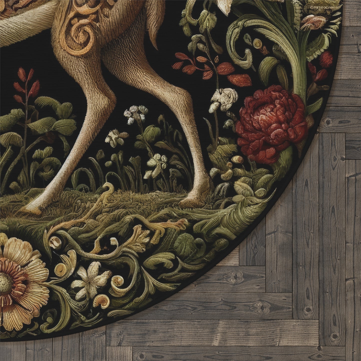 Elegant Deer Themed Round Rug, Bohemian Decor, Nature Inspired Home Accent, Floral Area Rug, Gift for Nature Lovers