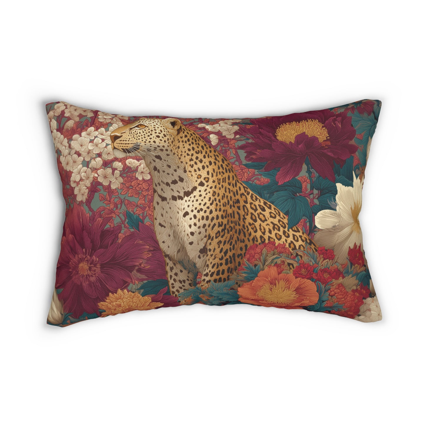 Floral Cheetah Lumbar Pillow, Botanical Jungle Cushion, Exotic Animal Home Decor Accent