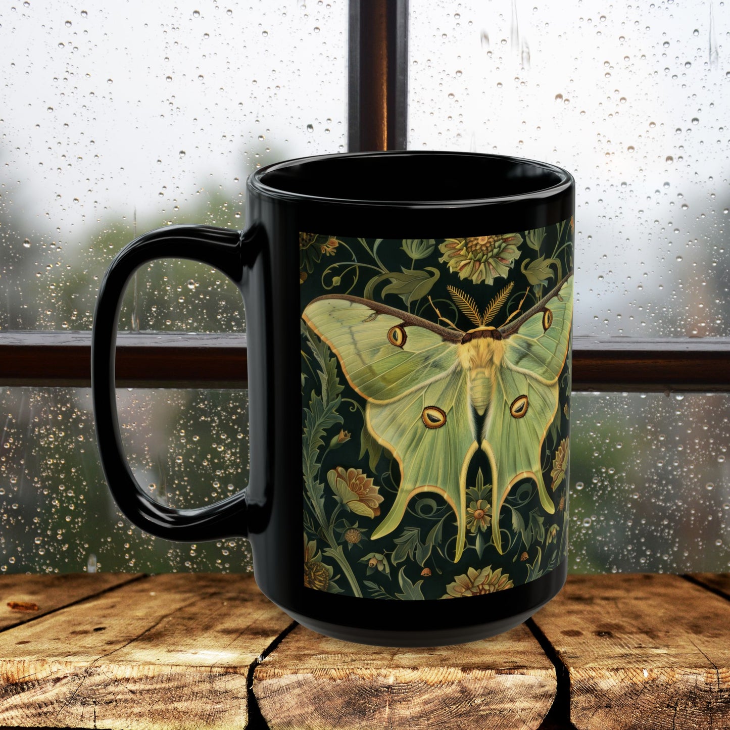 Woodland Luna Moth William Morris Inspired Black Coffee Mug For Her Him Ceramic Mug Black Mug 11oz, 15oz