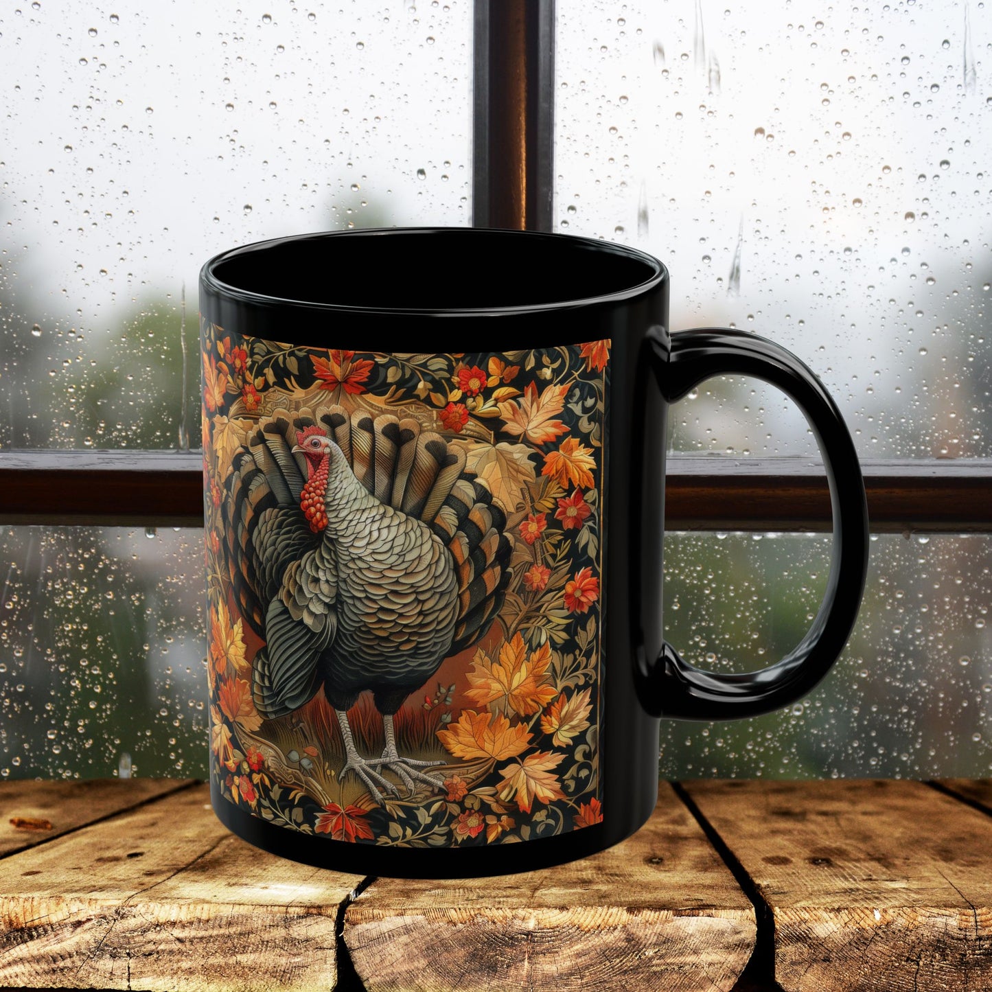 Fall Turkey William Morris Inspired Black Coffee Mug For Her Him Ceramic Mug Black Mug 11oz, 15oz